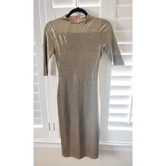 Alice + Olivia Delora Mock Neck Gold Fitted Midi Dress Size 4 Like New - Picture 10 of 14
